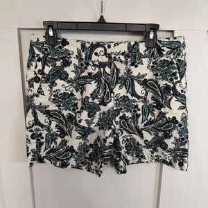 Ann Taylor LOFT Linen Blend Shorts Women's 4 Teal Floral Paisley Maximalist Chic